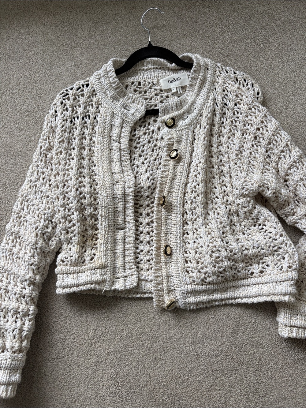 ba&sh Cream Open-Knit Cropped Button Cardigan